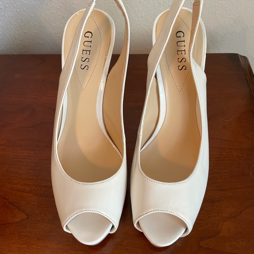 Guess white patent peep toe sling back size 8